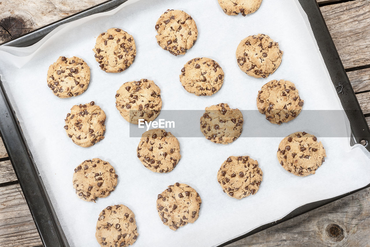 High angle view of cookies in tray on table