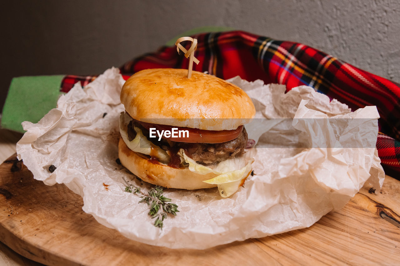 Close-up of burger on table