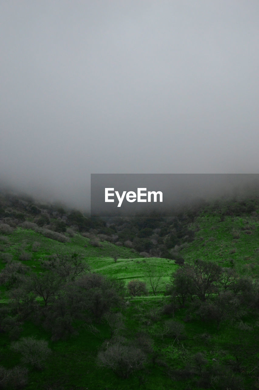 Scenic view of landscape against sky during foggy weather