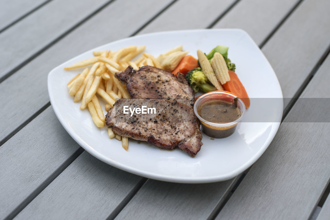 High angle view of food served in plate on table