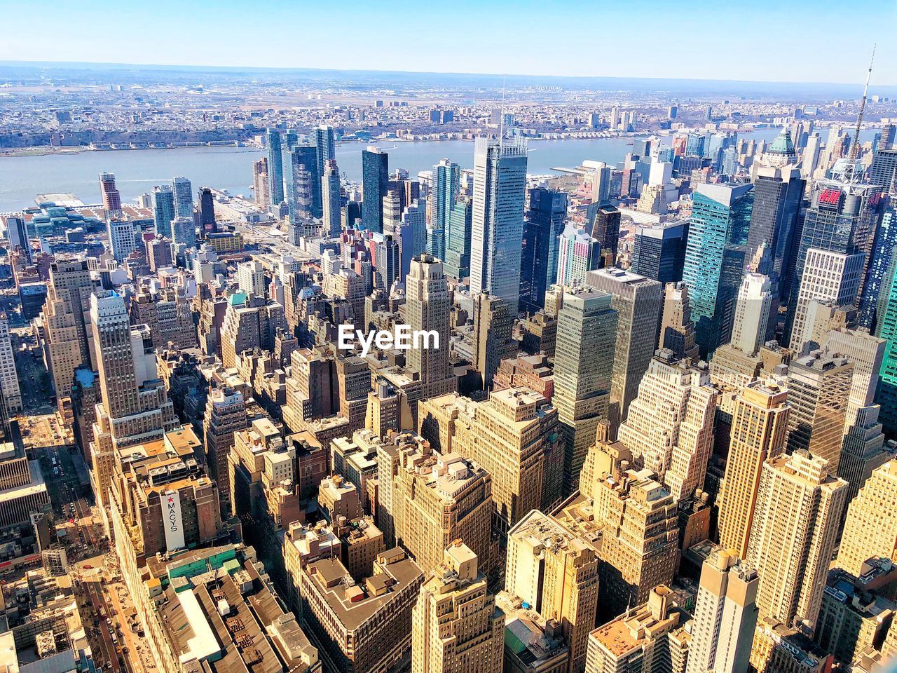 High angle view of modern buildings in city