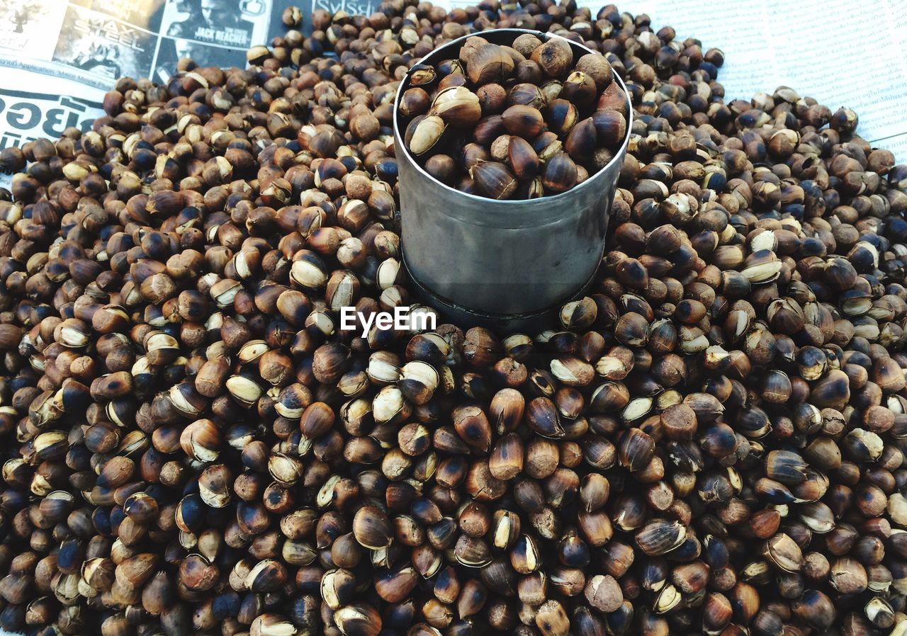 High angle view of roasted chestnuts for sale