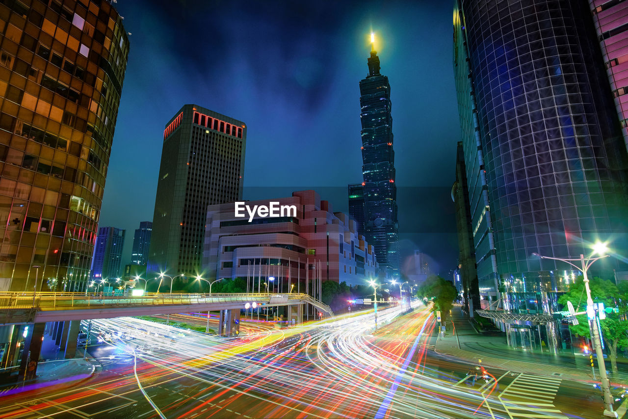 Light trails on road at night