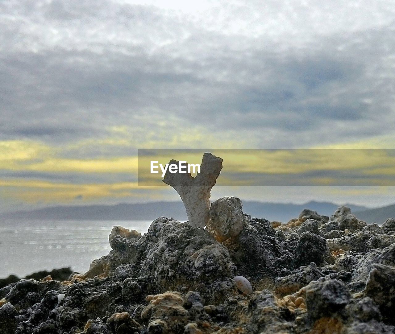 Rock by sea against cloudy sky