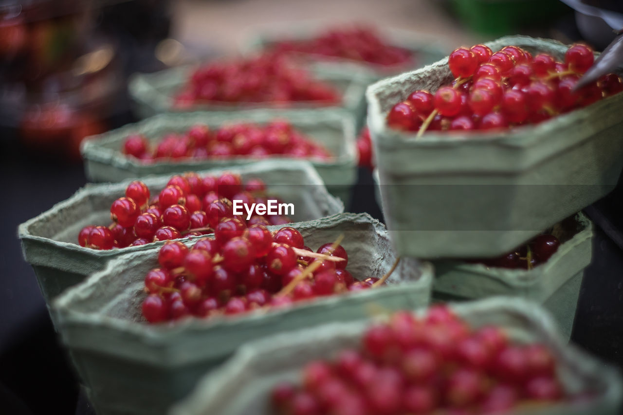 Close-up of red currents in containers at market