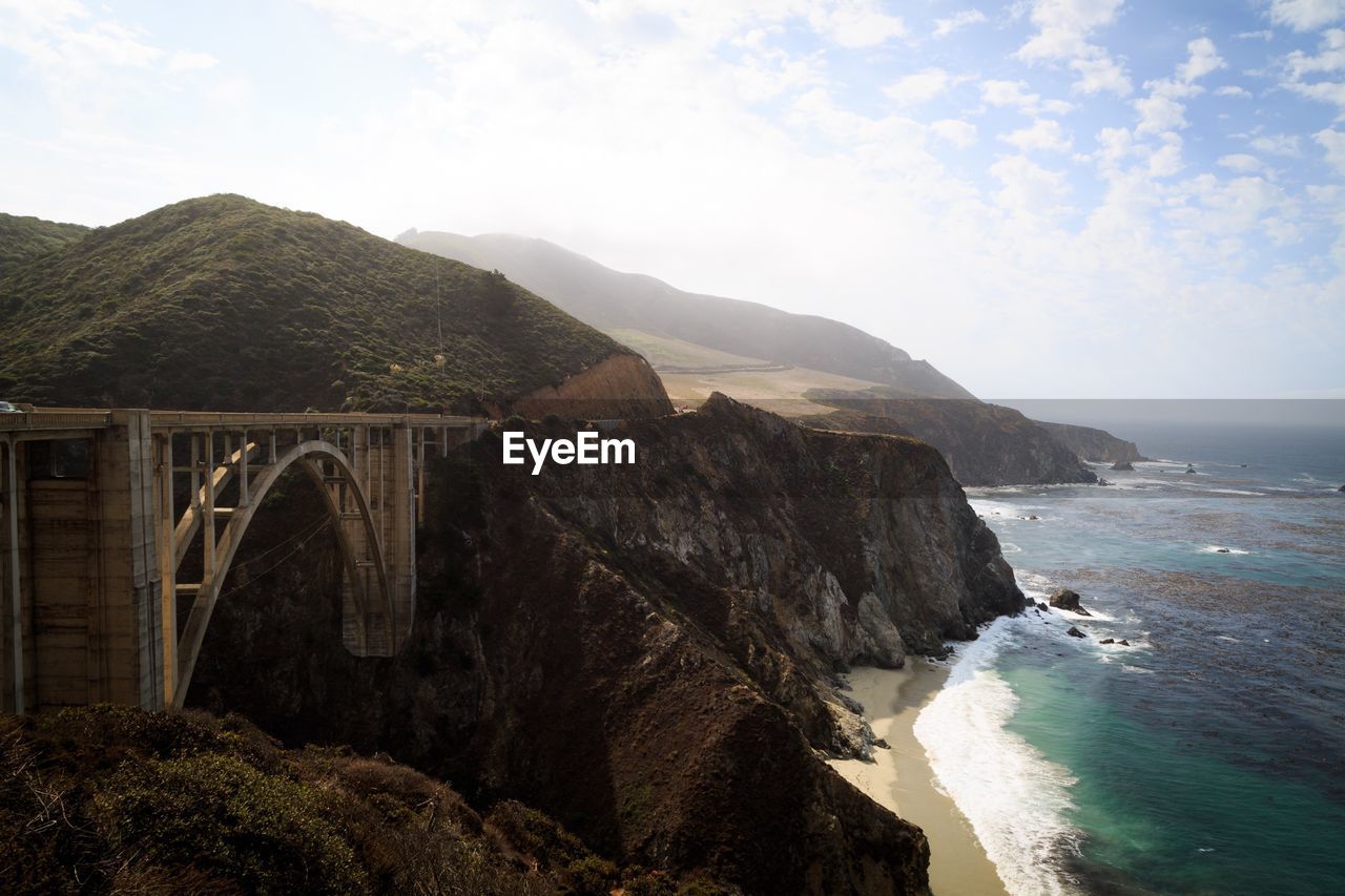 Scenic view of sea and mountains against sky