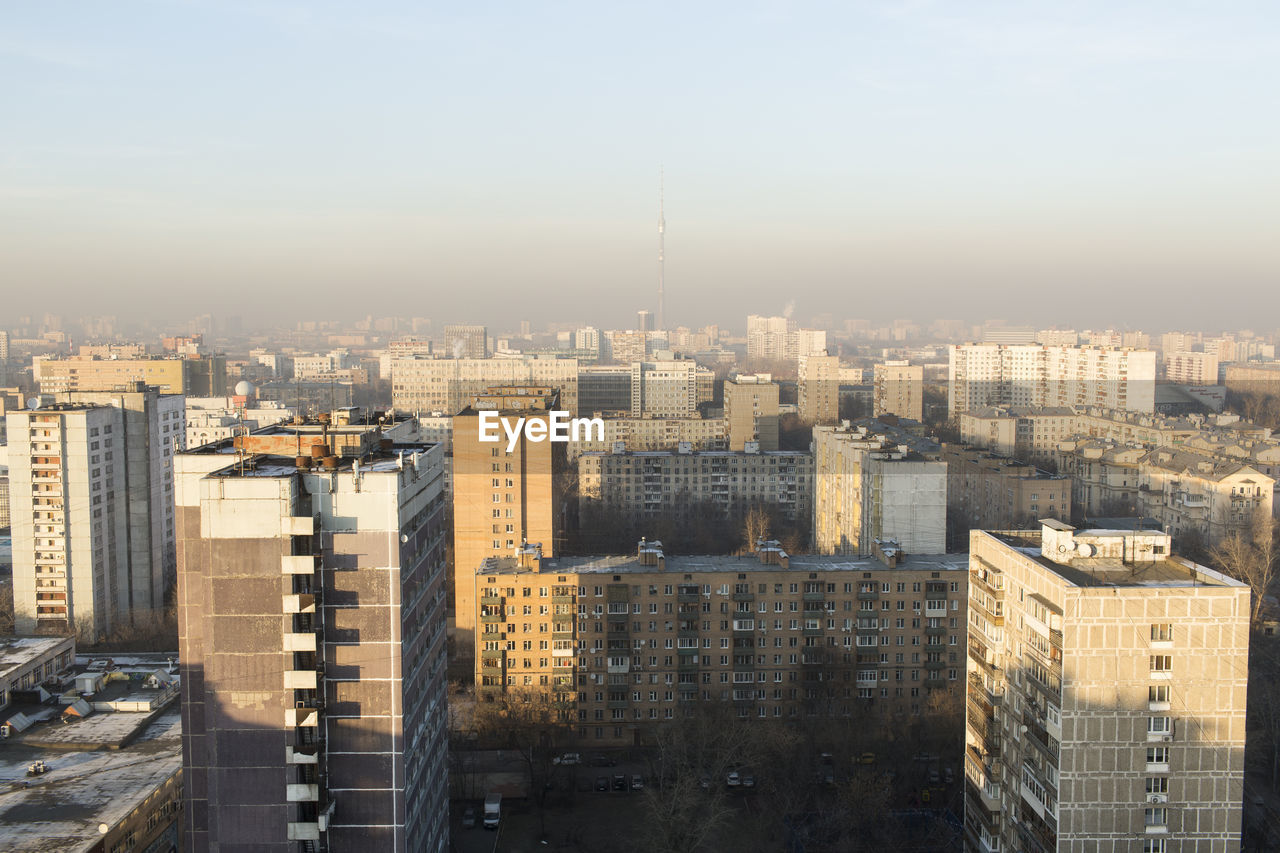 High angle view of residential buildings in moscow city against sky