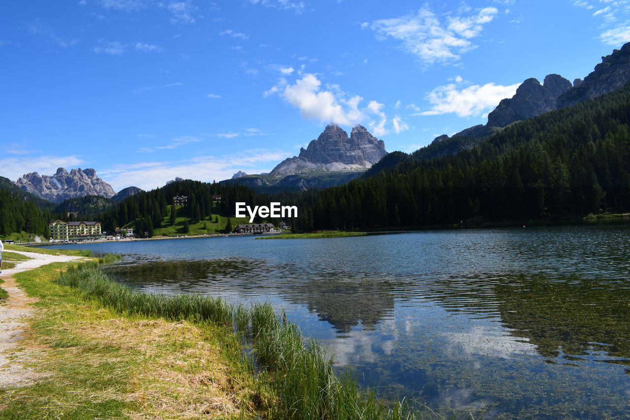 SCENIC VIEW OF LAKE BY MOUNTAIN AGAINST SKY