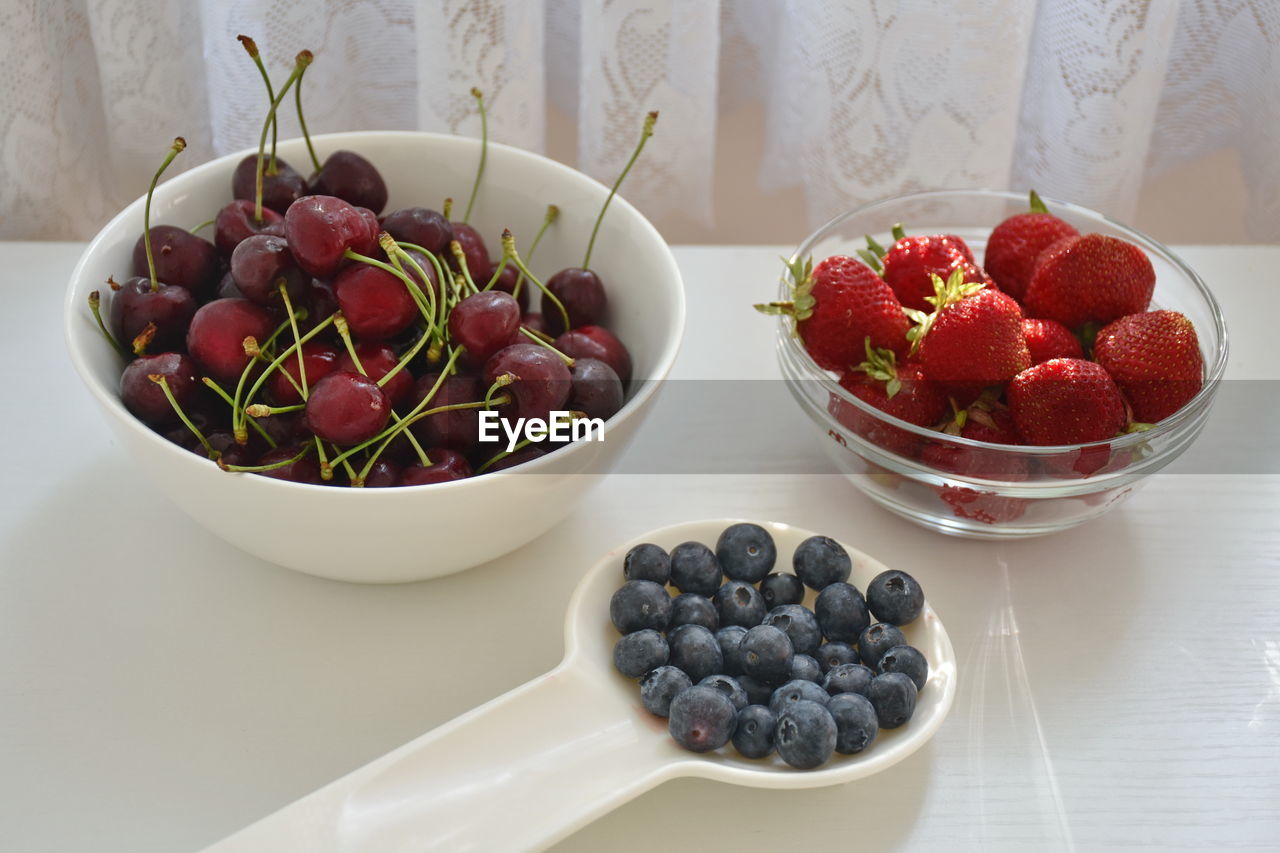 High angle view of fruits in bowl on table