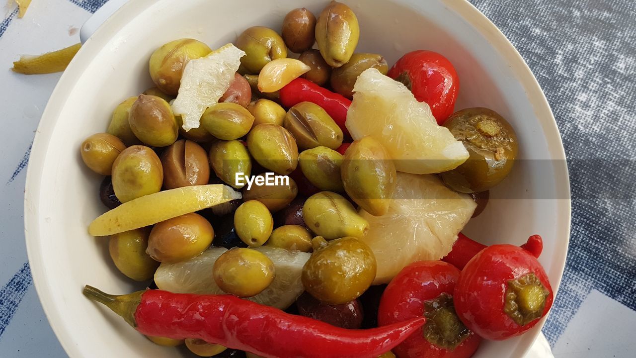 Directly above shot of food in bowl on table