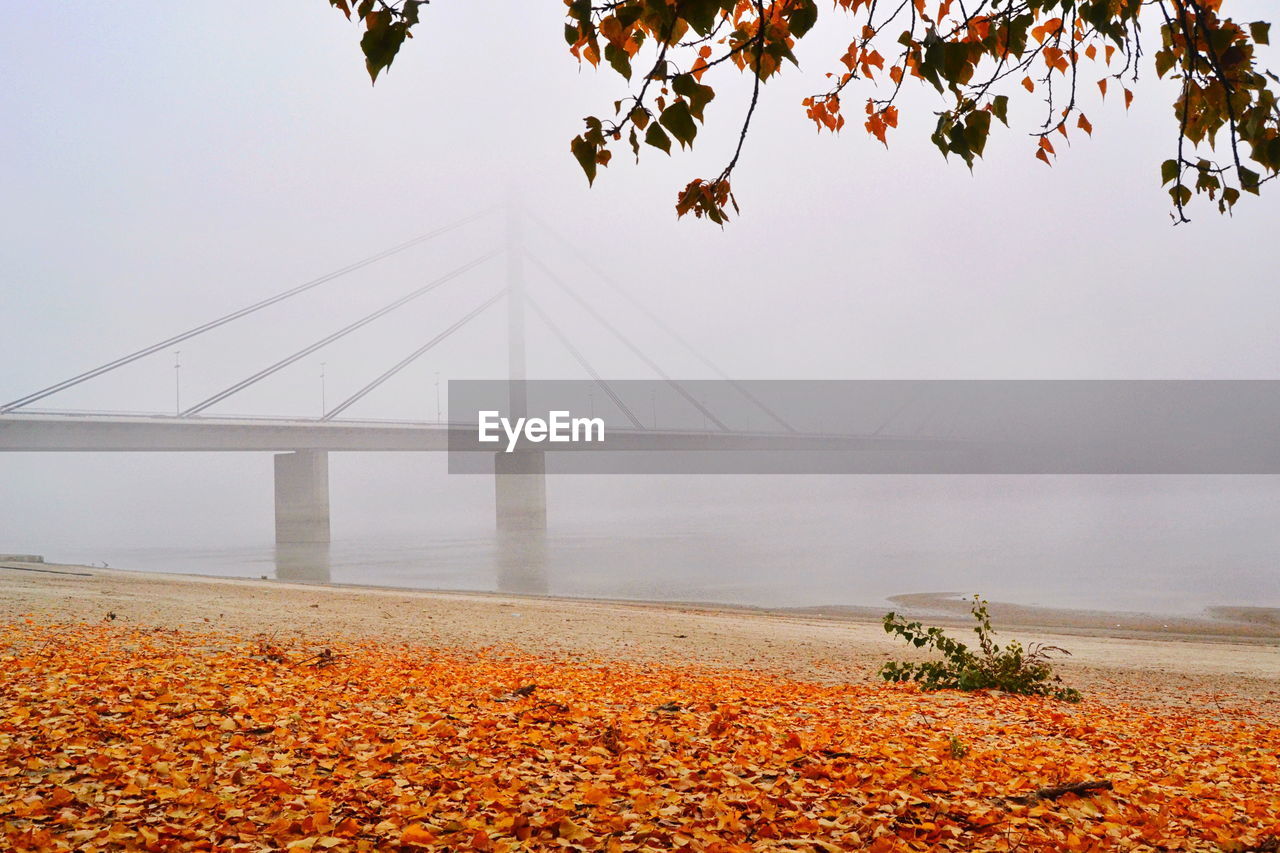 Bridge over sea against sky during autumn
