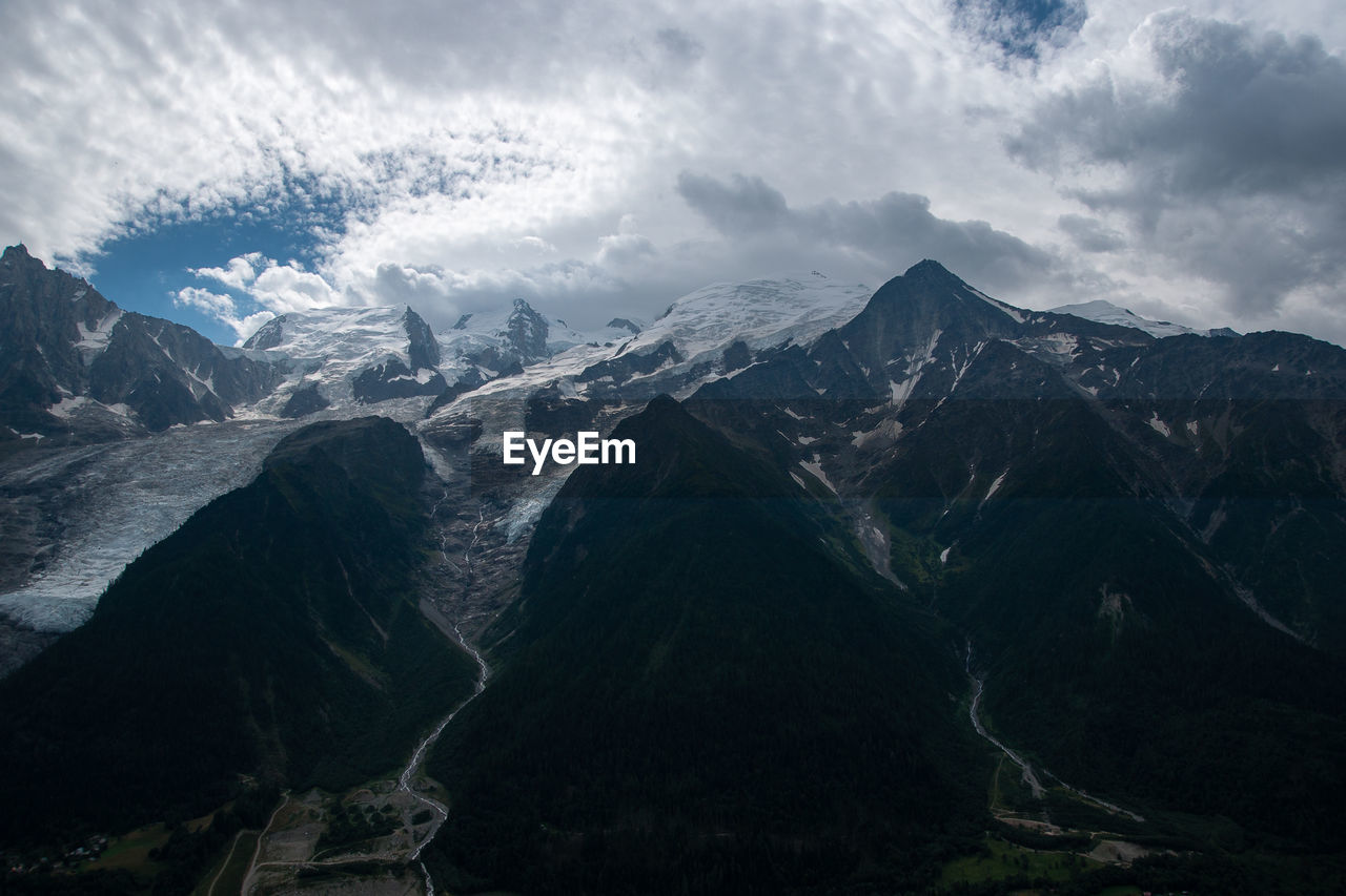 Aerial view of snowcapped mountains against sky