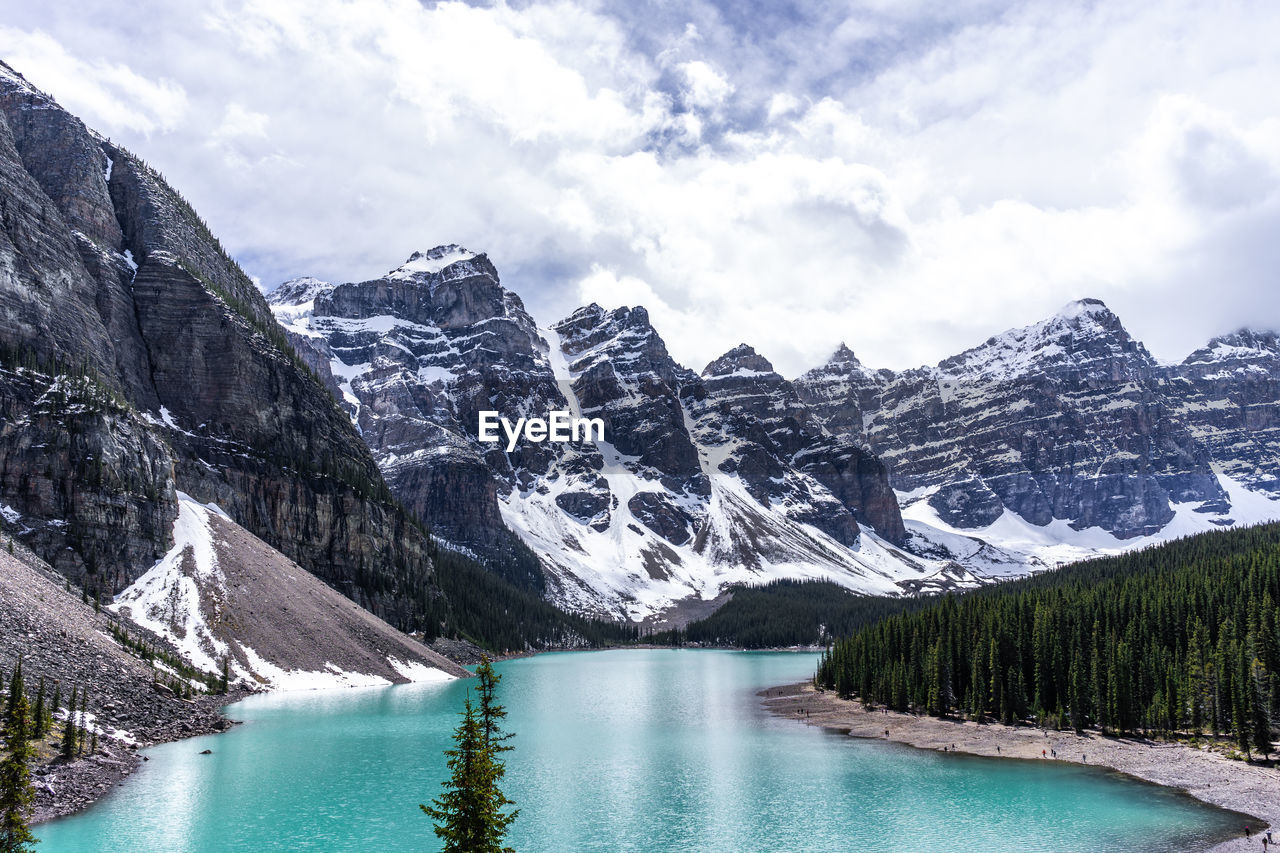 Scenic view of lake and snowcapped mountains against sky