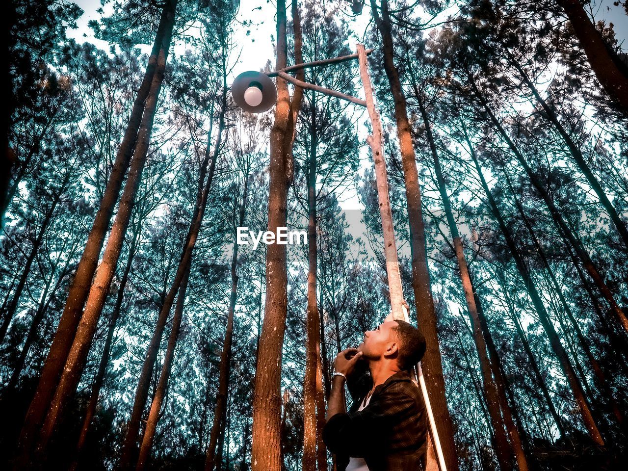 LOW ANGLE VIEW OF YOUNG MAN LOOKING AT FOREST