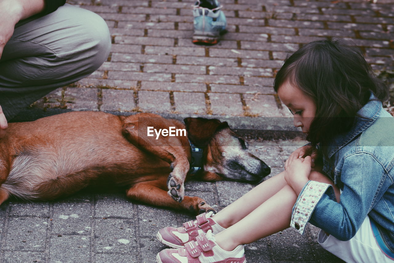 YOUNG WOMAN PLAYING WITH DOG ON COBBLESTONE