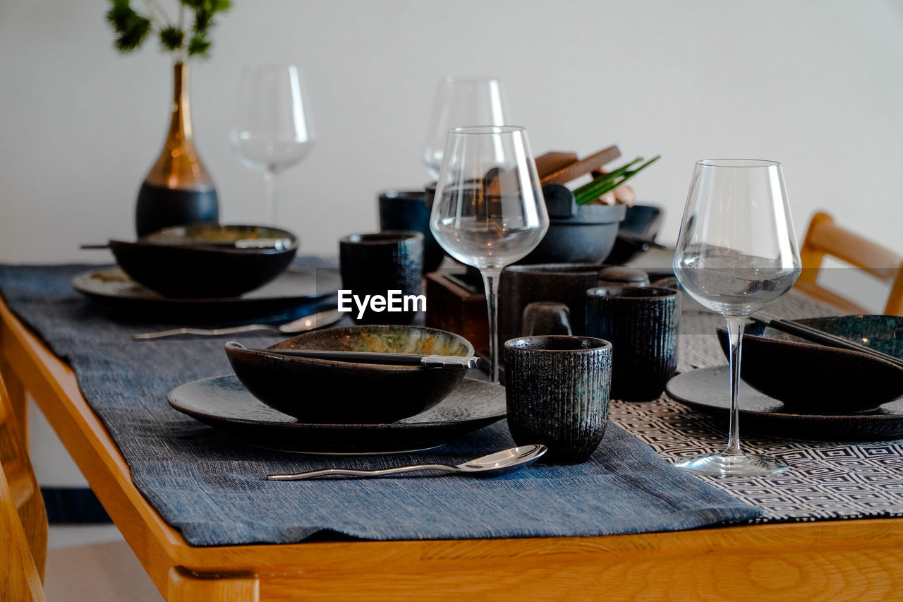 View of wine glasses on table
