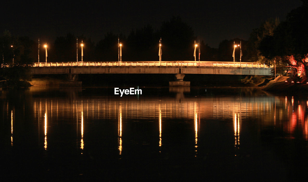 Illuminated bridge over river at night