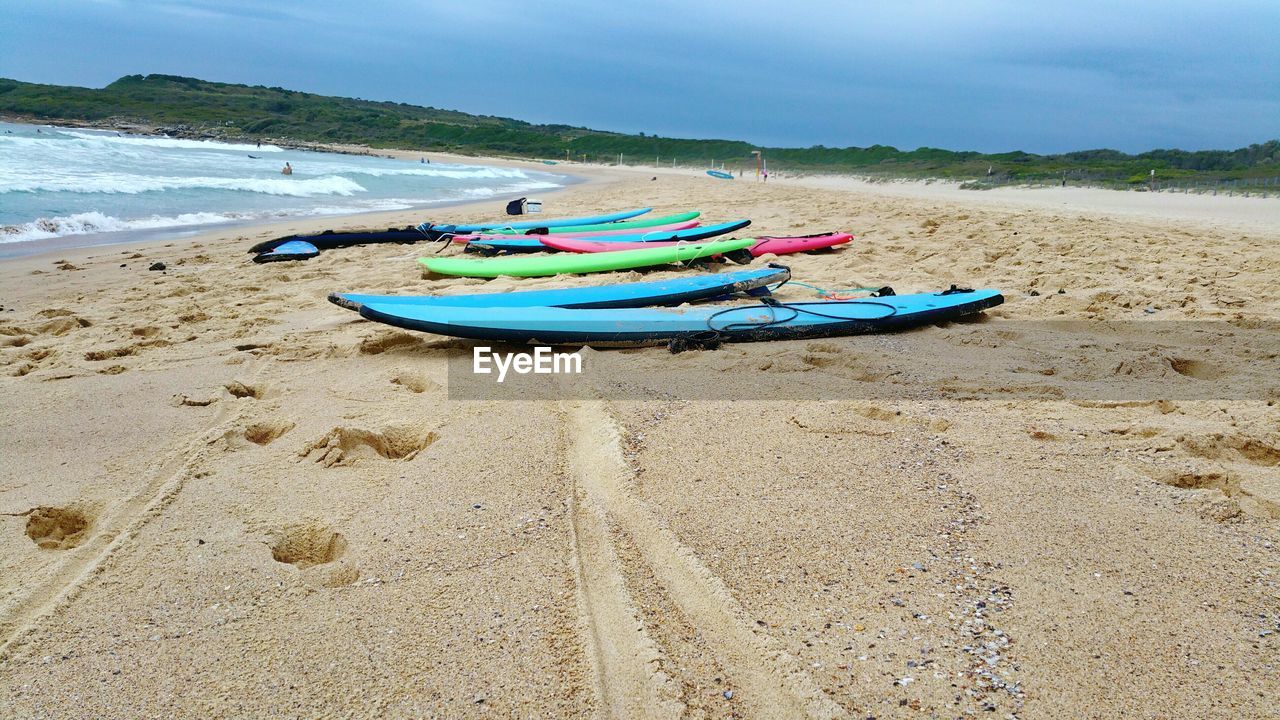 LOUNGE CHAIRS ON BEACH AGAINST SKY