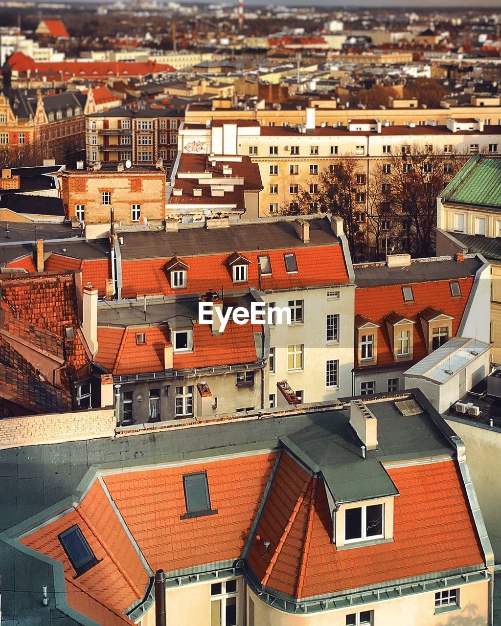 High angle view of buildings in city on sunny day