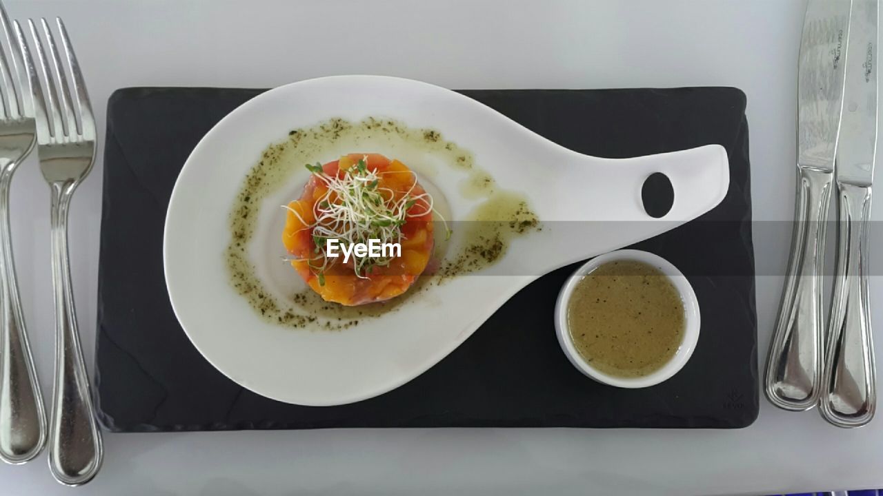 High angle view of salad in plate on table