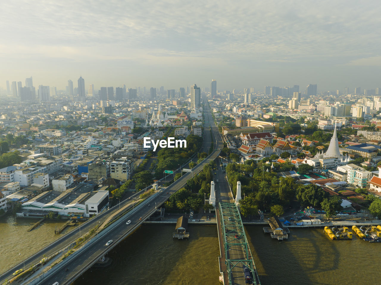 Aerial view of phra buddha yodfa bridge, memorial bridge and phra pok klao bridge