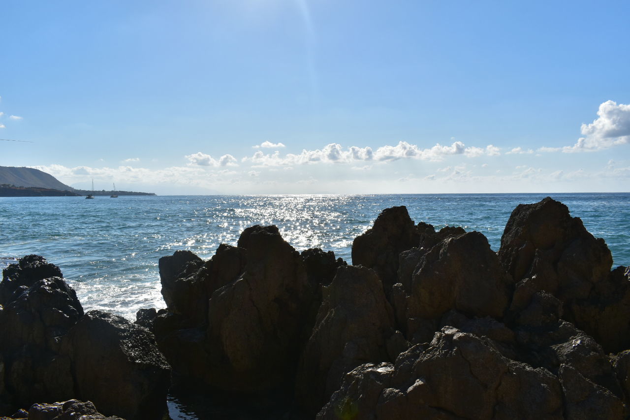 SCENIC VIEW OF ROCKS IN SEA AGAINST SKY