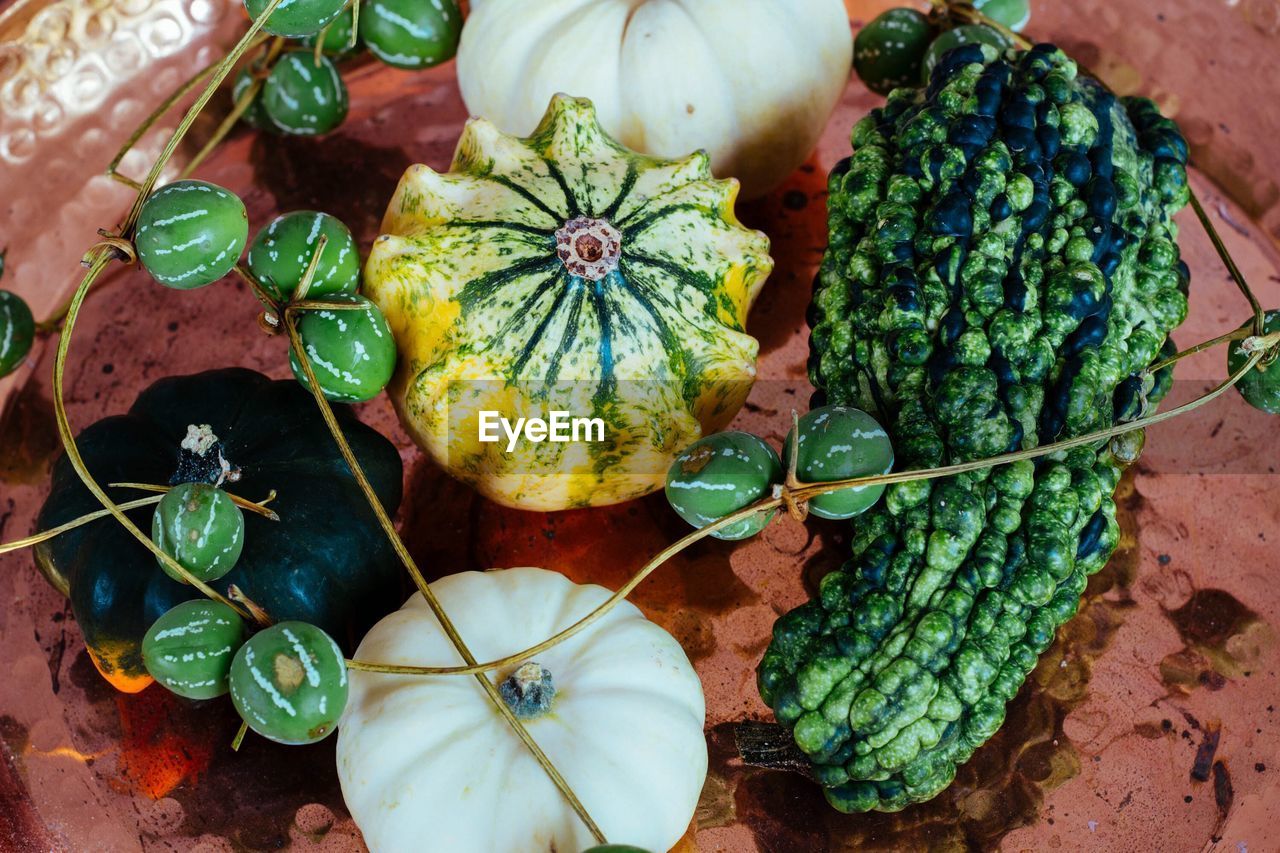 Directly above shot of pumpkins on table