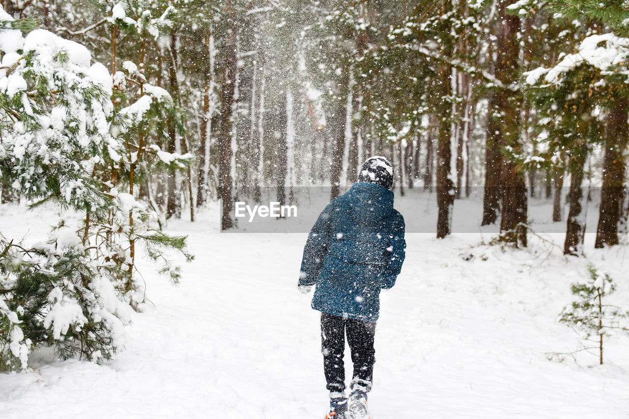 Back view of child boy in winter forest in snowstorm. actively spending time outdoors. winter snowy