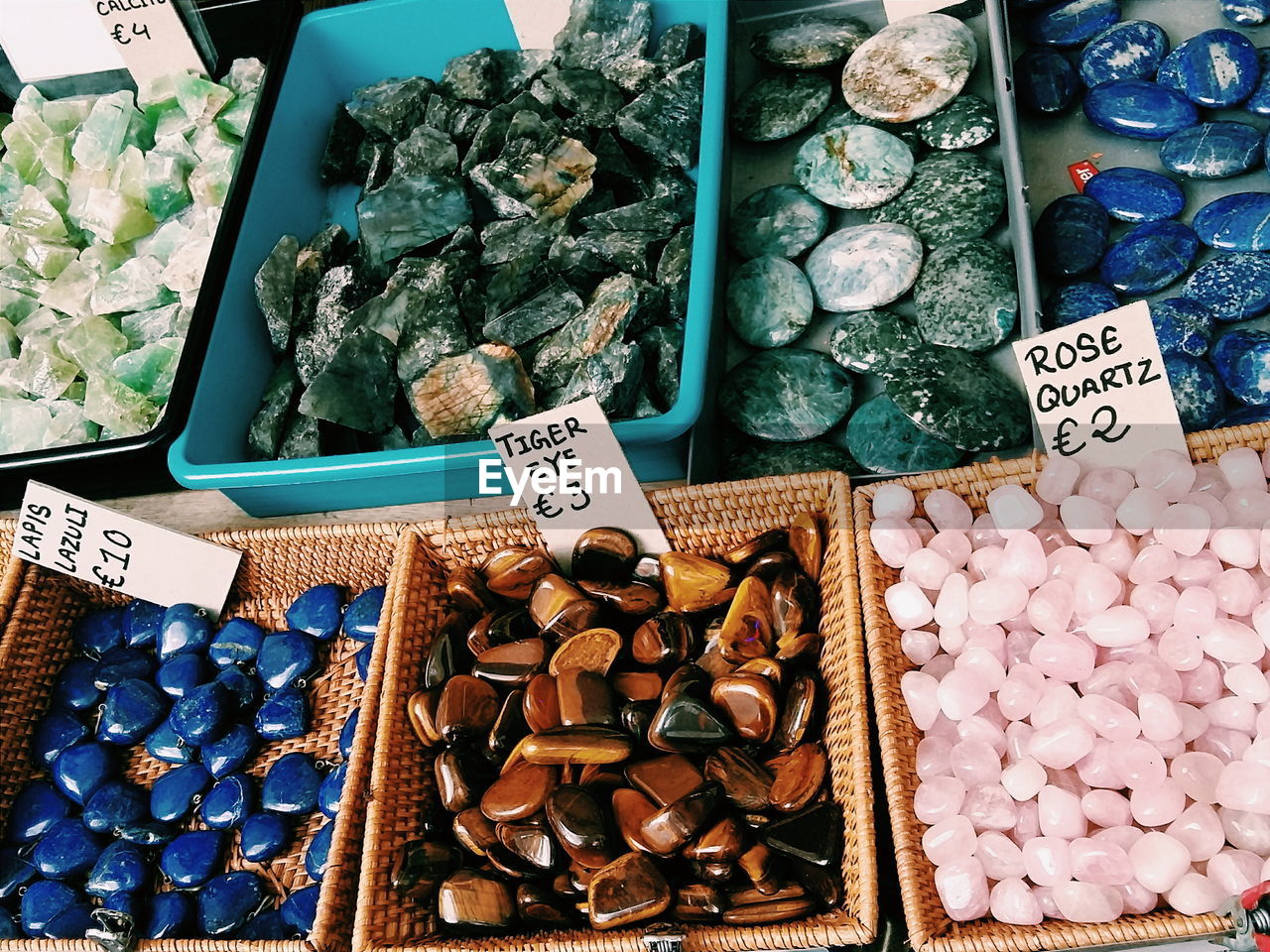 High angle view of precious stones for sale