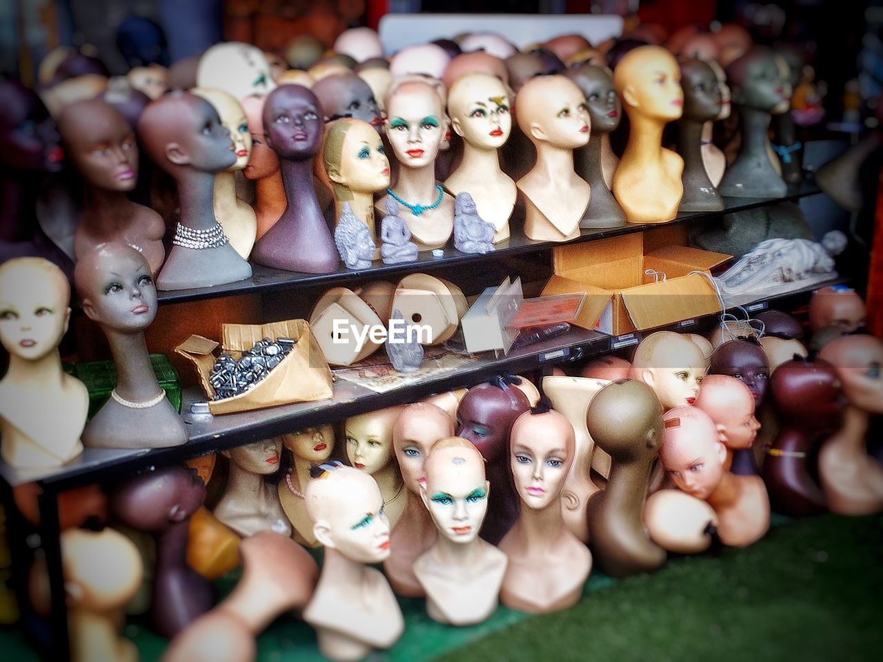 Close-up of female mannequin heads on shelves