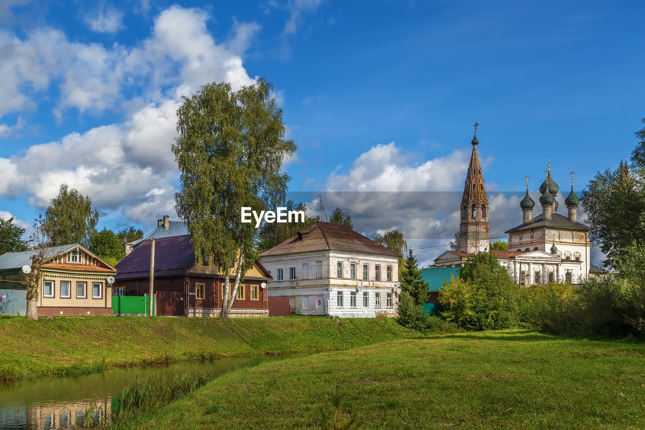 Cityscape with church and river in nerekhta, russia