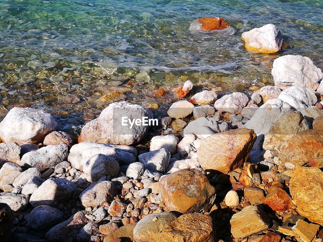 HIGH ANGLE VIEW OF PEBBLES ON SHORE