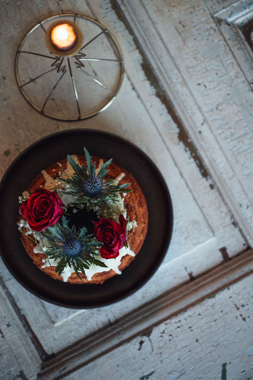 High angle view of cake on table