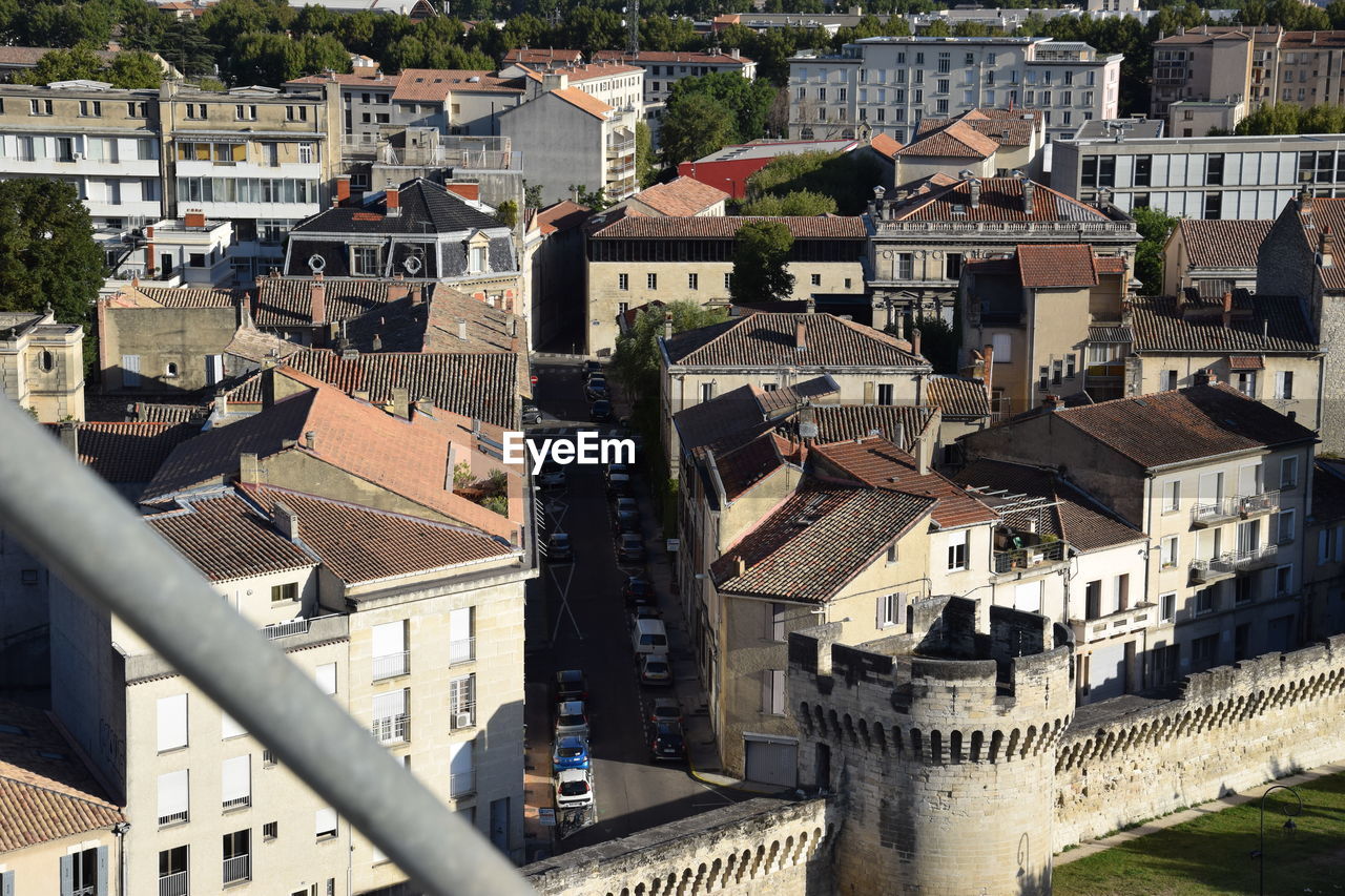 High angle view of houses in town