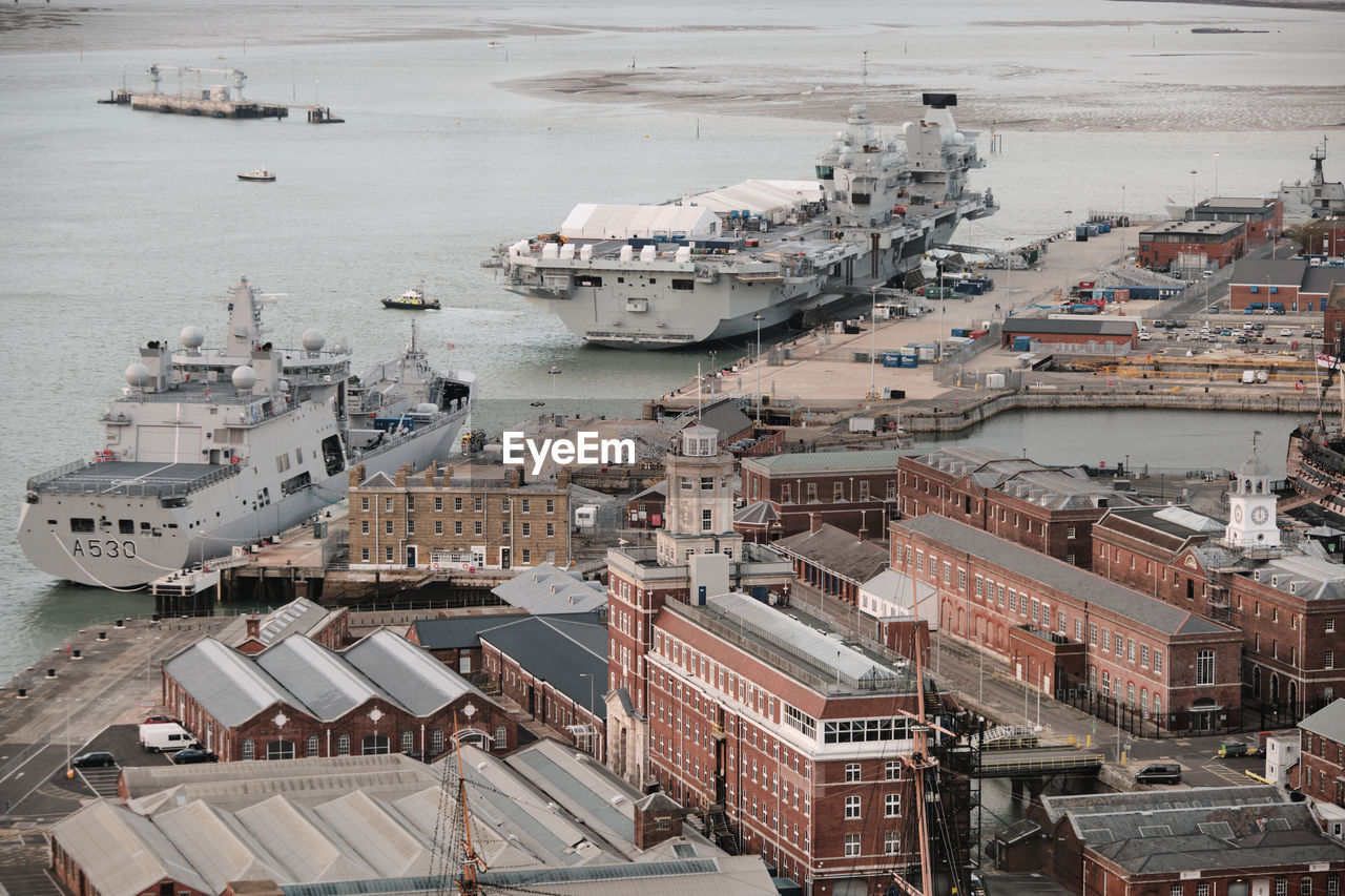 Aerial view of royal navy ships and the harbour of portsmouth, hampshire, southern england