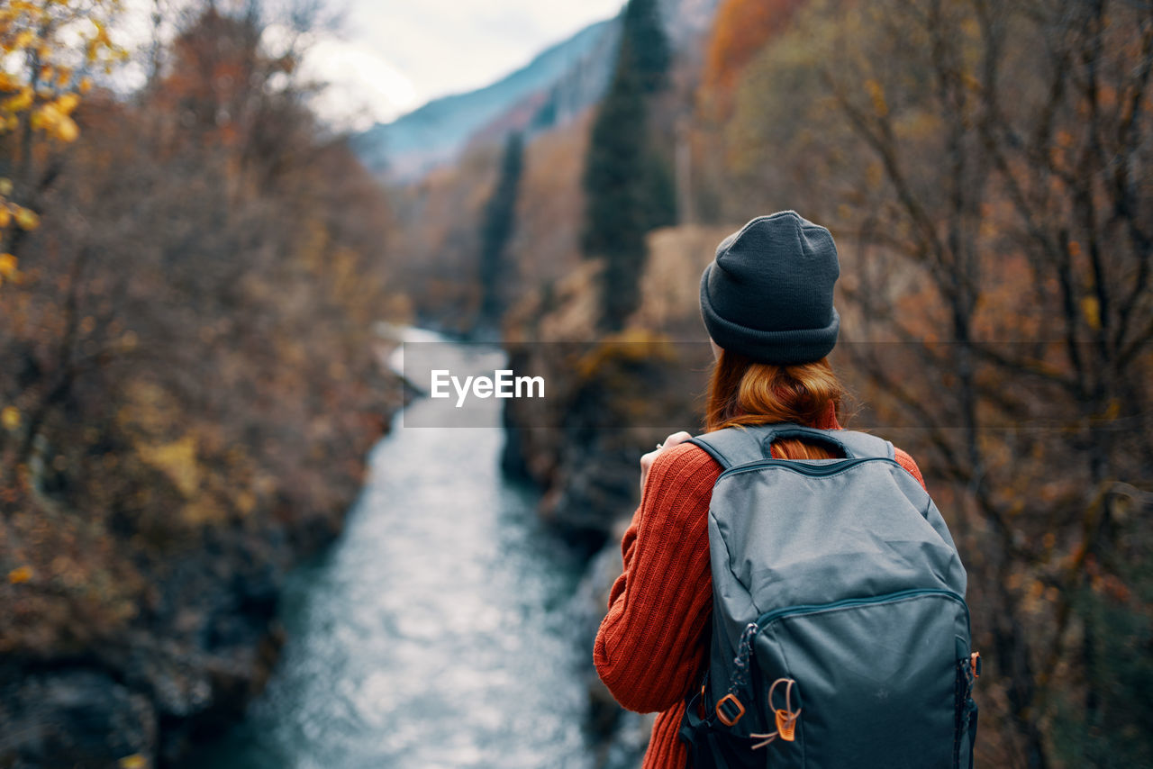 REAR VIEW OF WOMAN STANDING BY TREE IN FOREST