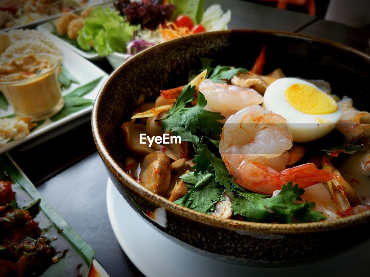 High angle view of breakfast served on table