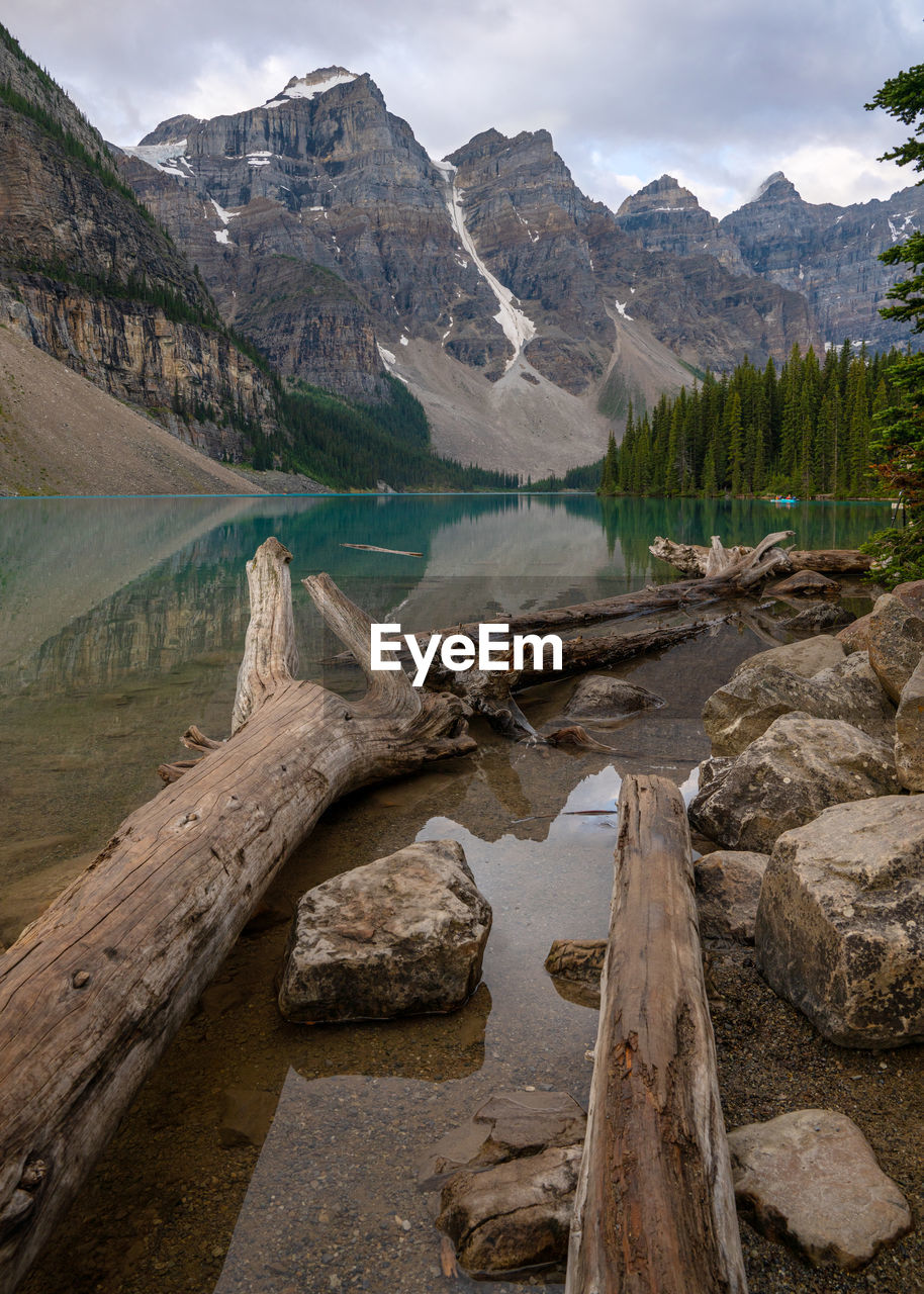 Scenic view of lake by mountains against sky