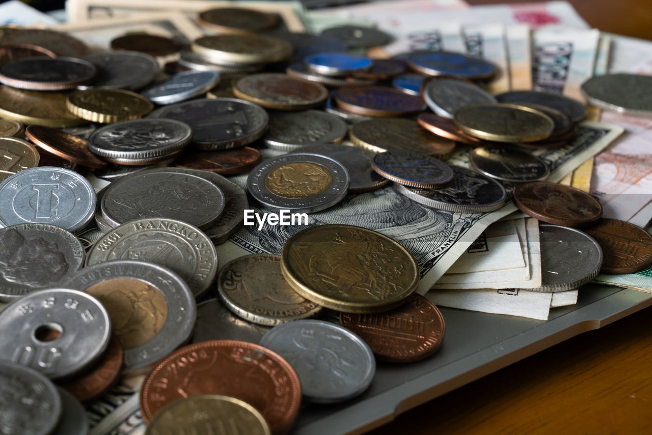 money, finance, coin, currency, cash, business, money handling, wealth, large group of objects, savings, abundance, business finance and industry, finance and economy, no people, metal, indoors, close-up, still life, variation, heap, economy, investment