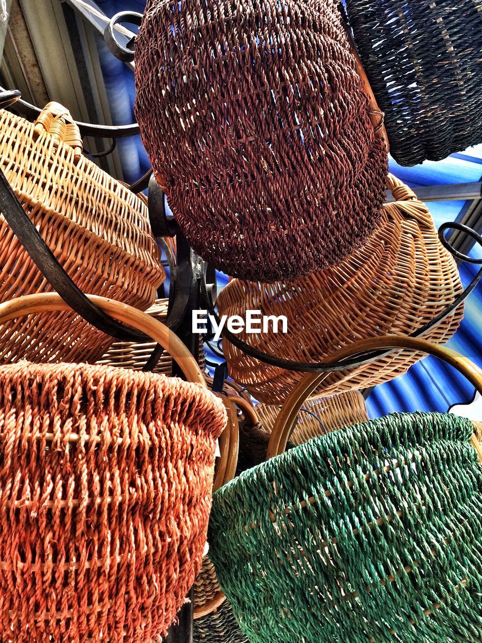 High angle view of wicker baskets for sale