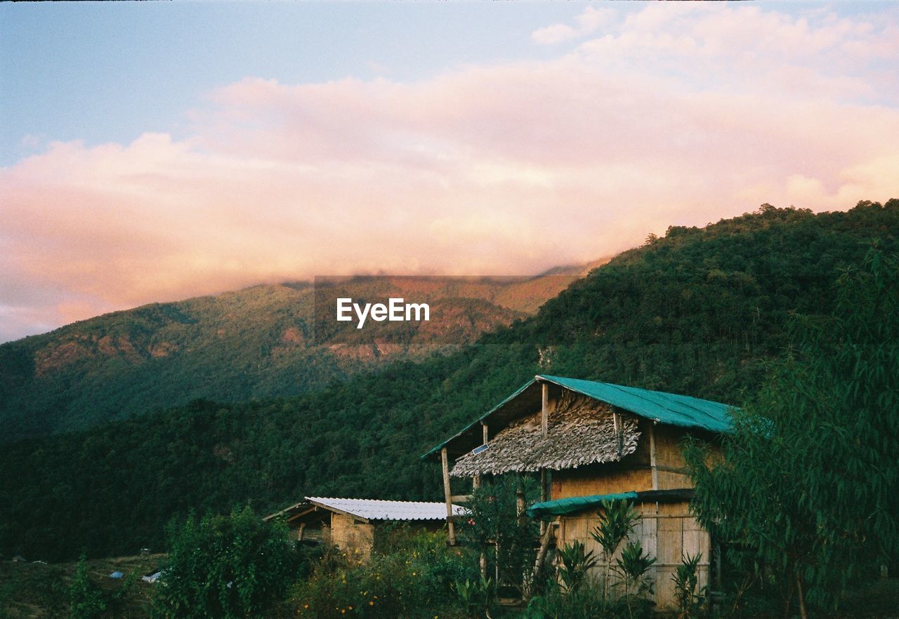 House amidst trees and buildings against sky during sunset