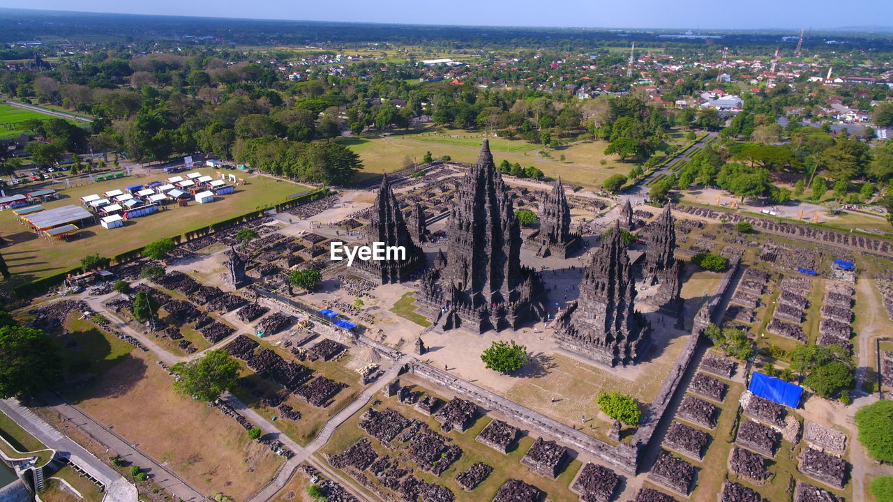 Aerial view of beautiful landscape prambanan temple at daylight- yogyakarta, indonesia