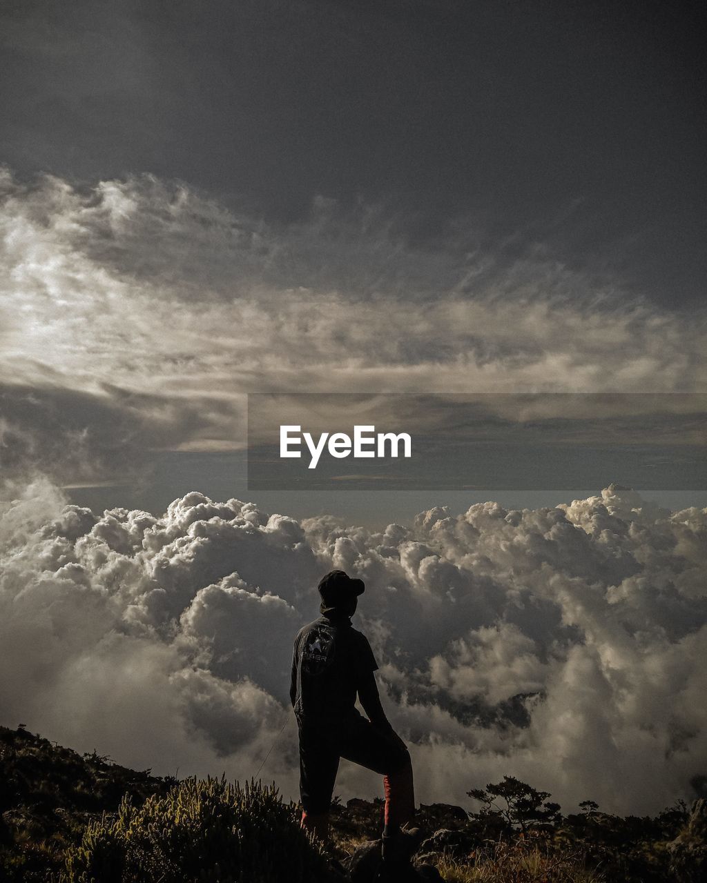 Rear view of man standing on landscape against sky