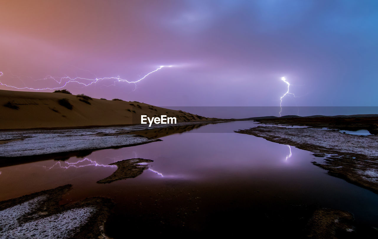 Lightning over lake at night