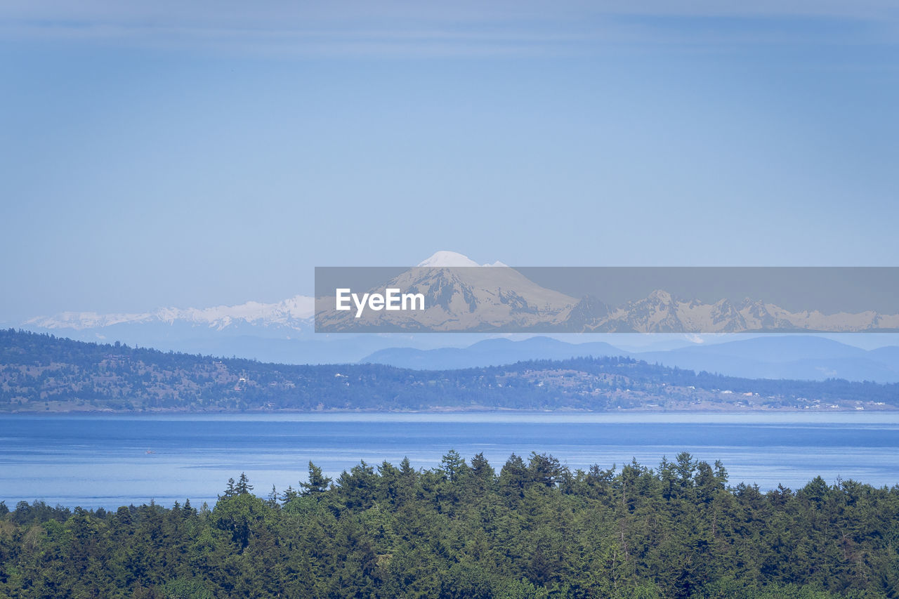 Scenic view of sea and mountains against blue sky