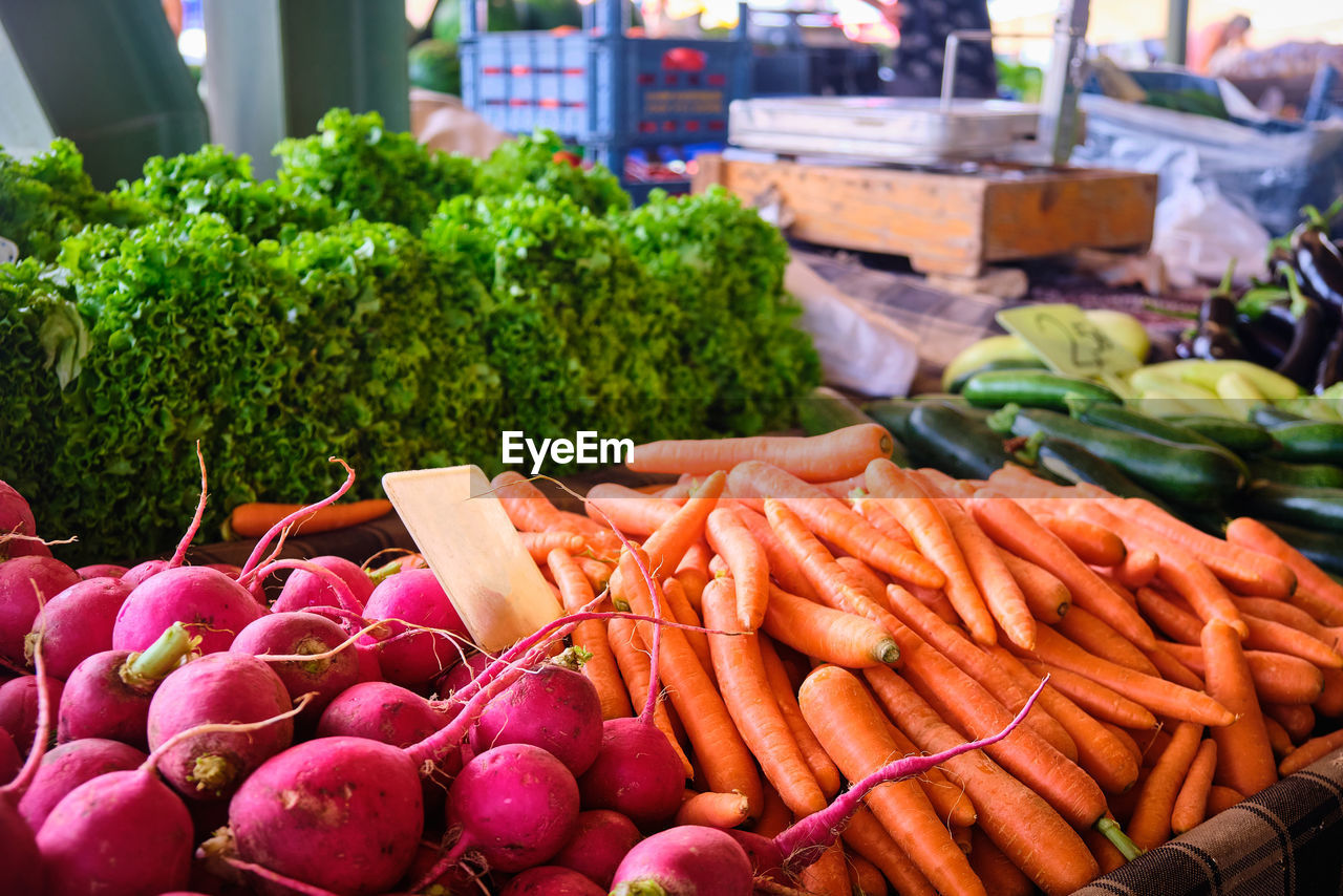 Radishes, carrots and seasonal garden greens at market counter.