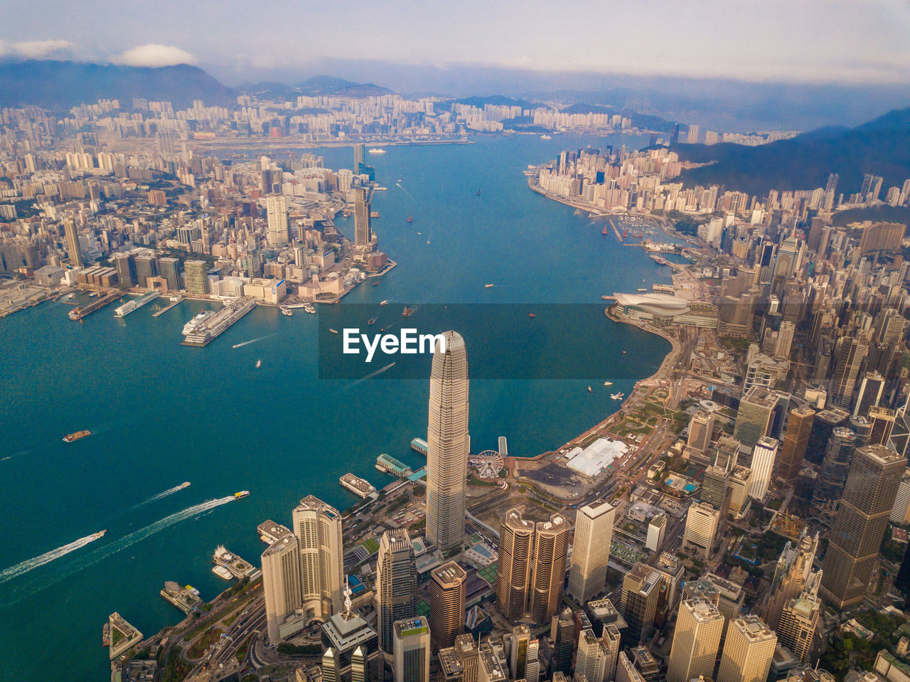 Aerial view of cityscape and river