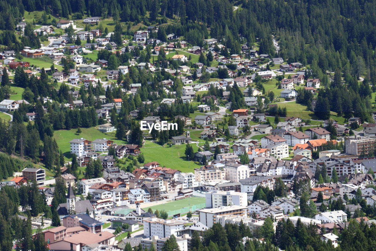High angle view of houses in town