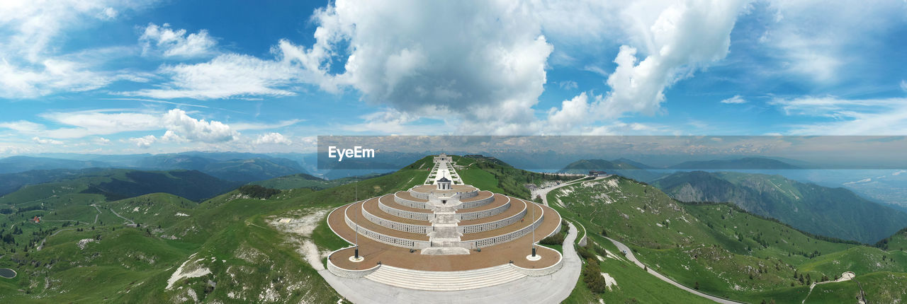 HIGH ANGLE VIEW OF GREEN LANDSCAPE AGAINST SKY