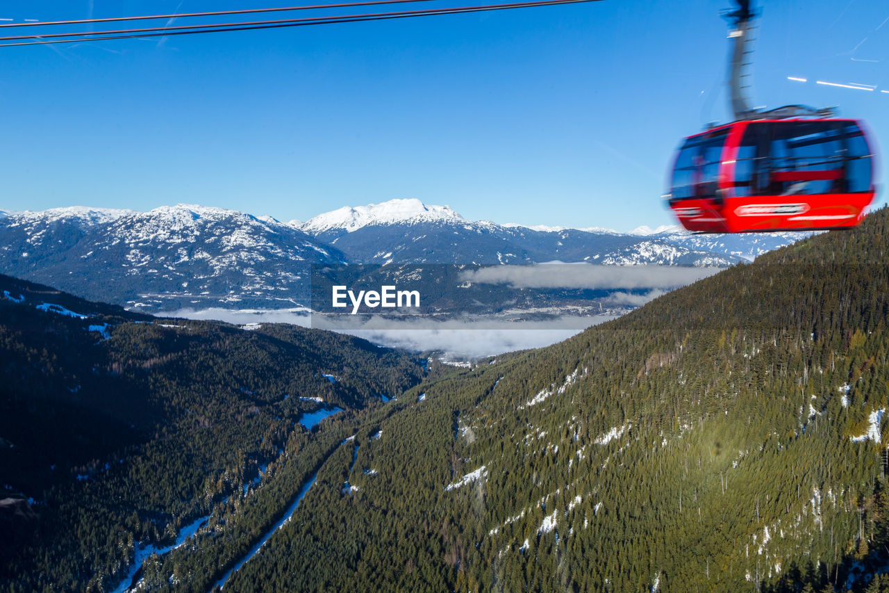 OVERHEAD CABLE CAR AGAINST SNOWCAPPED MOUNTAINS